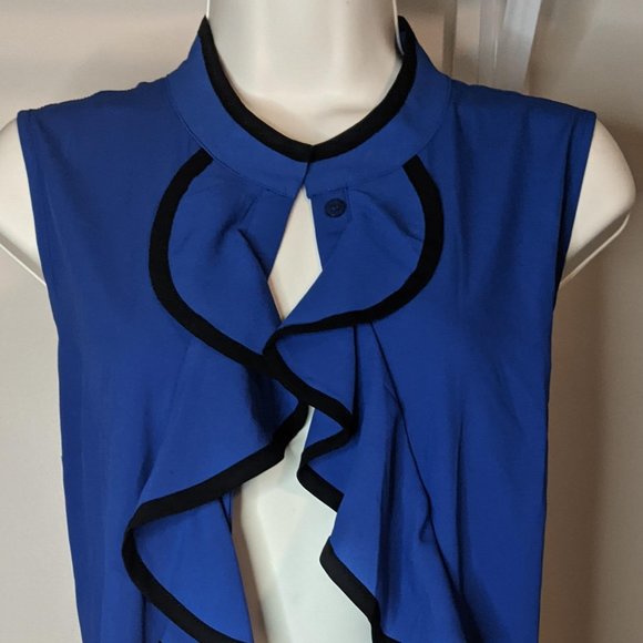 Calvin Klein Cerulean with Black Hem Detail Button Down Sleeveless Blouse - Picture 5 of 5